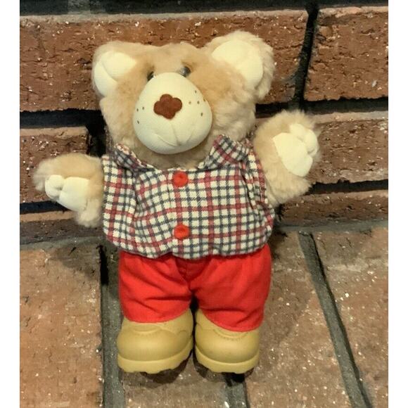 Vintage 1986 Furskins Plush Bear Red Pants Plaid Shirt & Boots 7” Tall - Picture 1 of 3